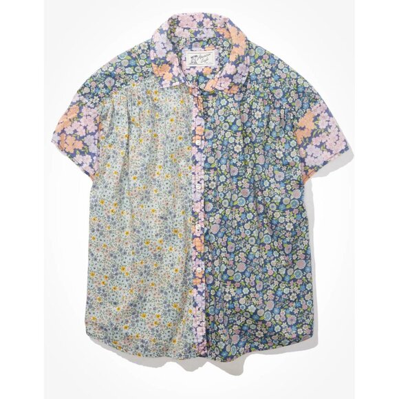 AMERICAN EAGLE Resort Blue Floral Cotton Poplin Short Sleeve Shirt, Size M - Picture 3 of 12